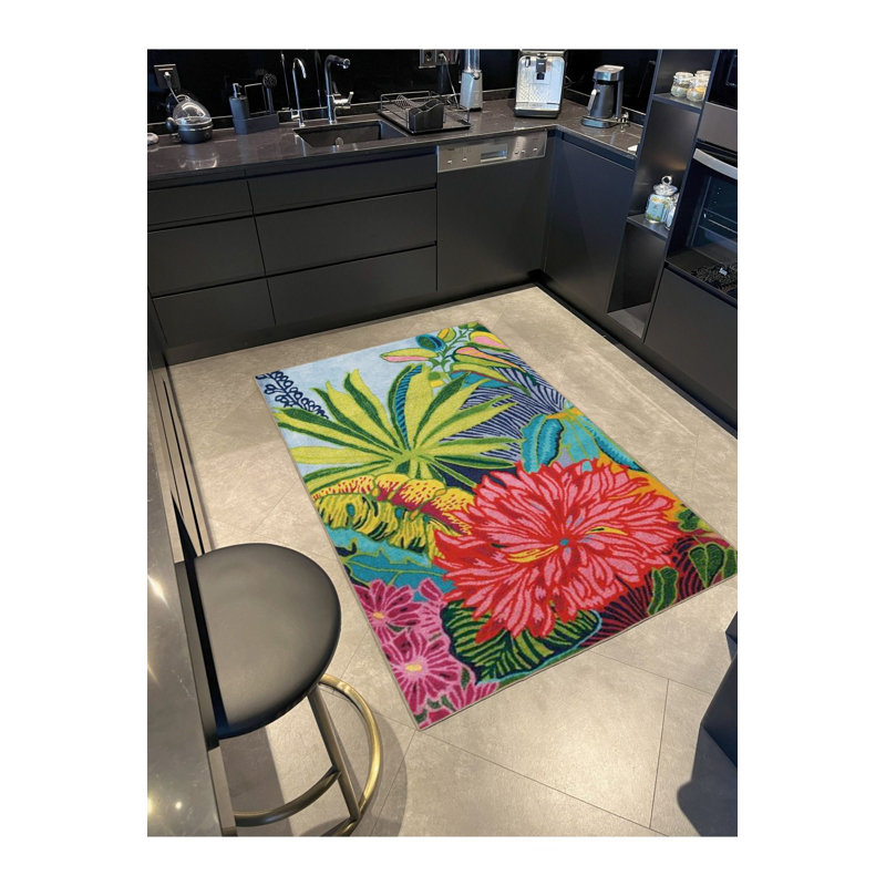 Tapis décoratif moderne à motif tropical multicolore à motif de palmier tropical, Sous-tapis carré 3 pi 3 po inclus