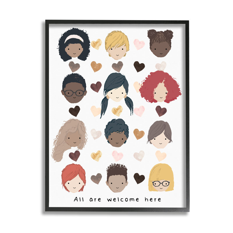 «All Welcome Here Expression Child Portraits Hearts» par Erica Billups - reproduction d'art, Cadre noir