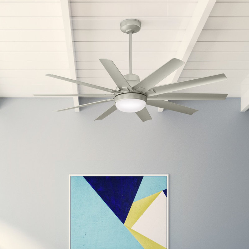 60" Overton 10 - Blade Outdoor Standard Ceiling Fan with Wall Control and Light Kit Included, Matte Nickel