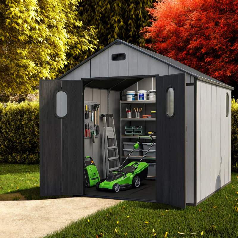 Abri de jardin spacieux de 2,4 x 2,4 m en résine avec rangement, structure en acier, style moderne., 92.52*92.86*94.72