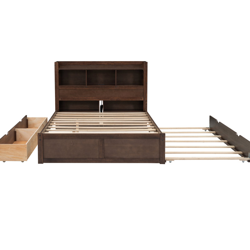 Lit double pleine grandeur avec tablettes coulissantes, 2 tiroirs, lit gigogne simple au look élégant et tablettes - Fabrication en bois