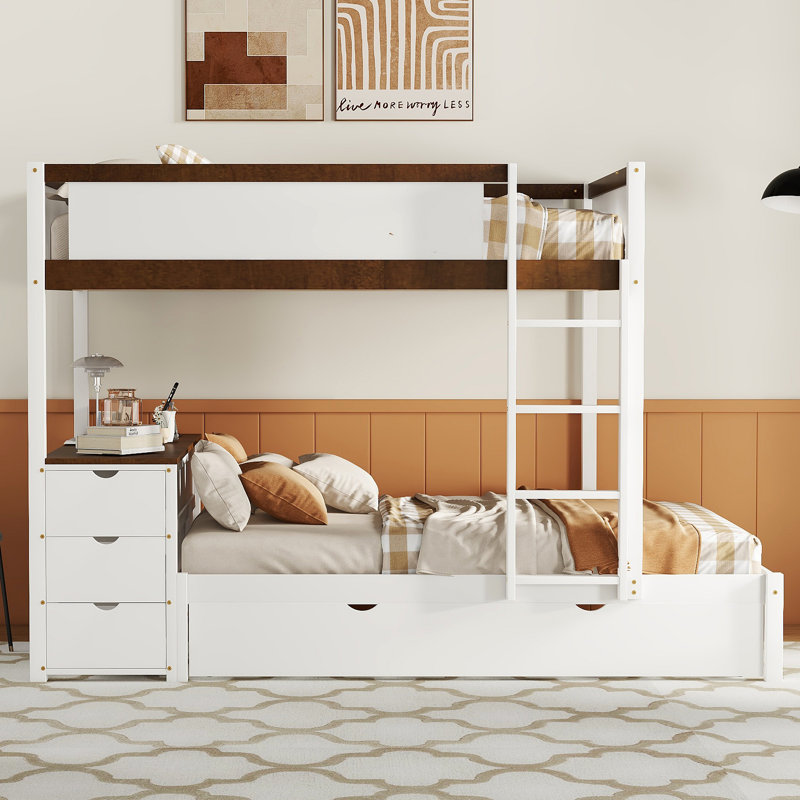 Lit superposé avec lit gigogne, rangement et bureau, Blanc/noyer, Lit superposé double sur double