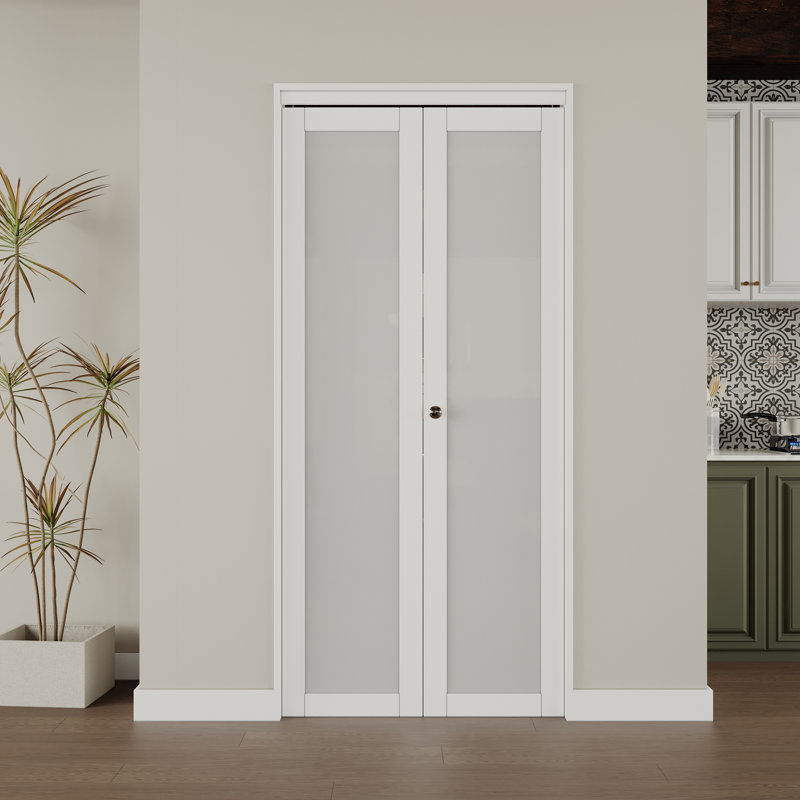Porte pliante en verre givré avec trousse de quincaillerie d'installation, 36 po x 80 po, Blanc perle