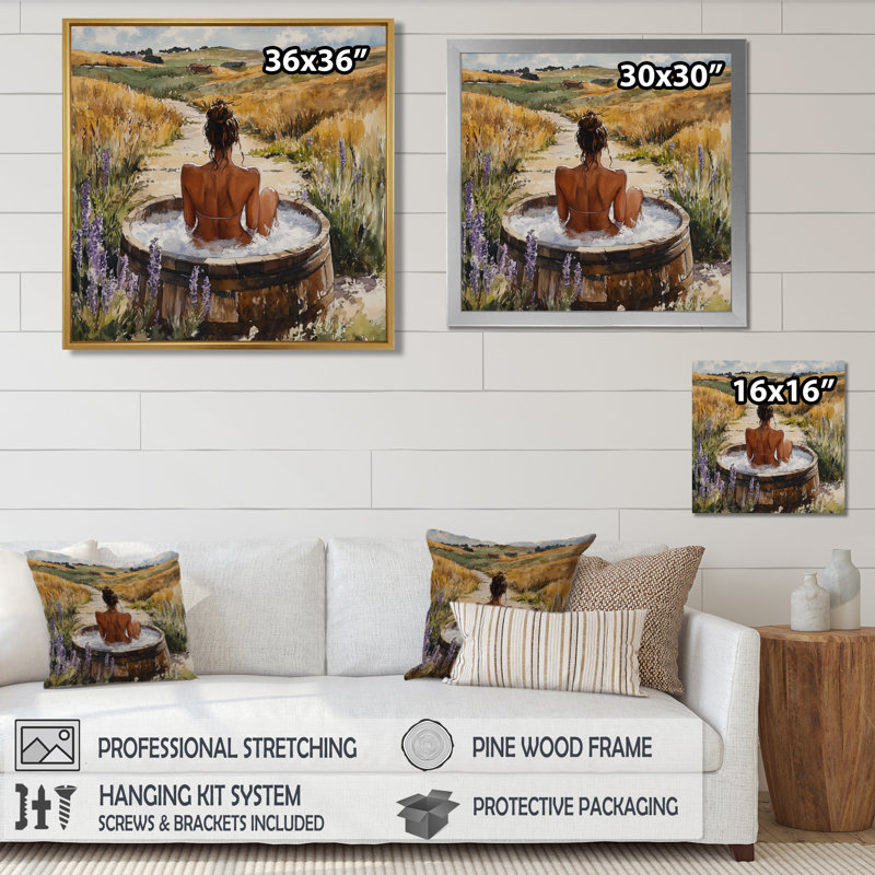 Femme dans une prairie de baignoire - art mural de salle de bain, Toile tendue, H 36 po x l 36 po x P 1,5 po