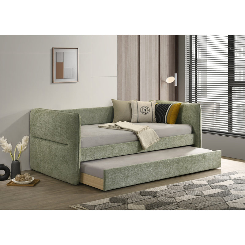 Luxueux lit de jour moderne 1 pièce avec lit gigogne escamotable capitonné et garniture cloutée, mobilier de chambre à coucher, finition vert clair