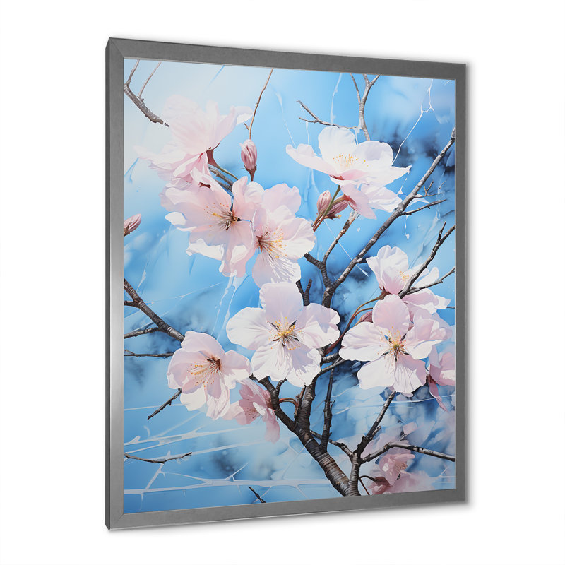 Fleur de cerisier blanc et bleu Flow III - Art mural cerisier en fleurs, Cadre simple argenté, H 40 po x l 30 po x P 1,5 po