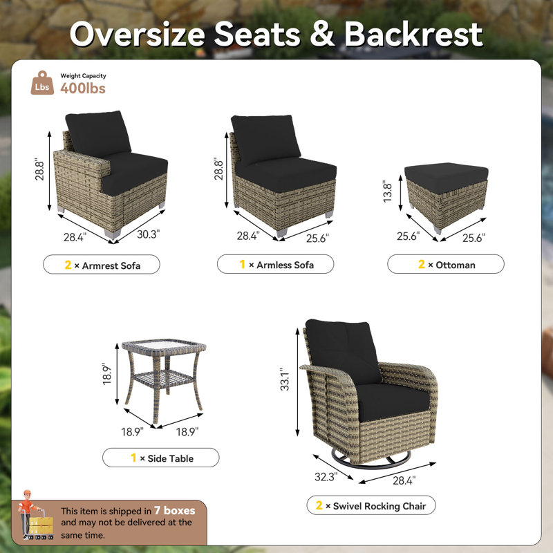 Ensemble de patio en osier tissé à la main 8 pièces avec chaises pivotantes 8 pièces, Noir / gris foncé