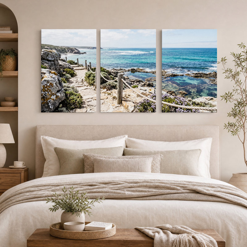 Chemin côtier avec rampe en bois et turquoise - Ensemble de 3 toiles murales, 24"H x 16"W x 3pcs