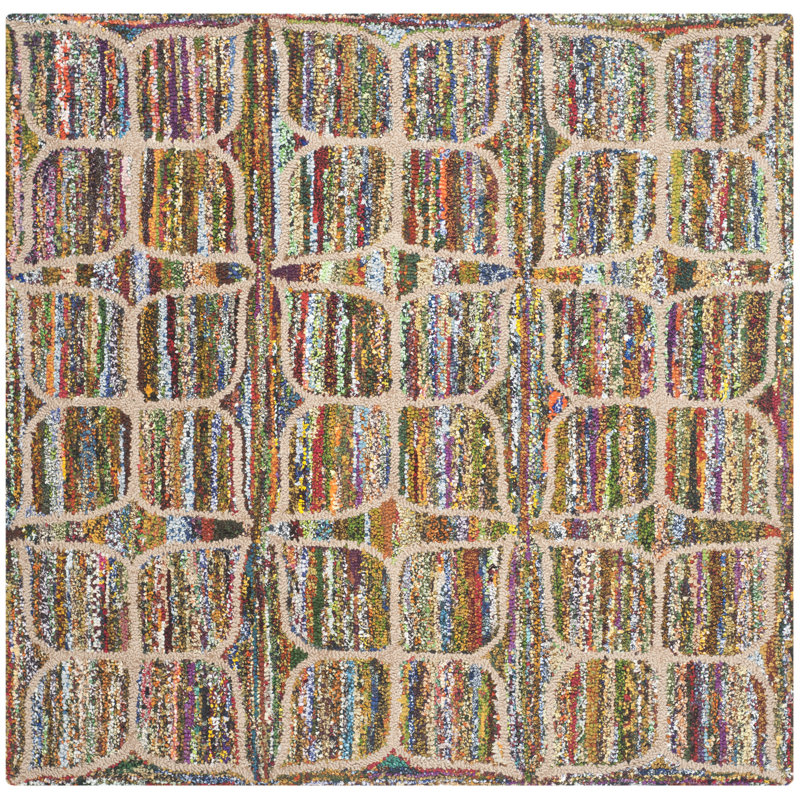 Tapis mauve / bleu foncé / rouge en coton / jute touffeté à la main à motif géométrique Anaheim, Carré 4 pi