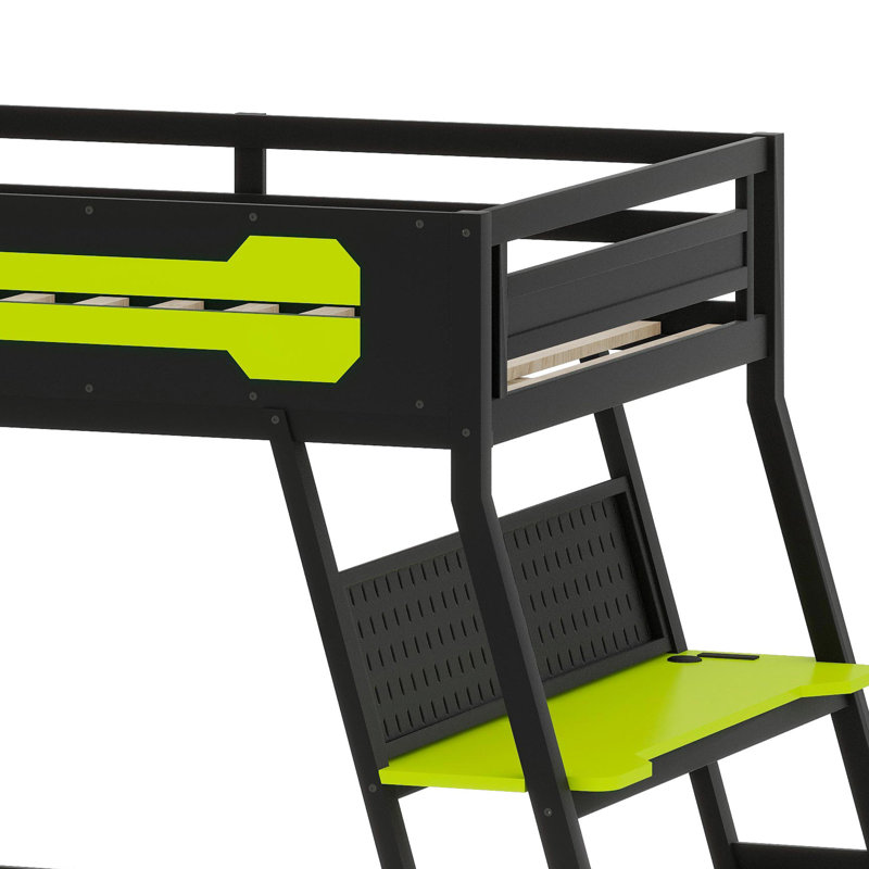 Cadre de jeu double à deux stations avec bureaux intégrés, ports de bureau USB et panneaux d'organisation, Lit double, Vert