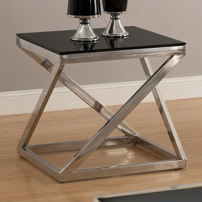 Jia 22 In. Black Square Tempered Glass End Table With Z-Shape Chrome Legs
