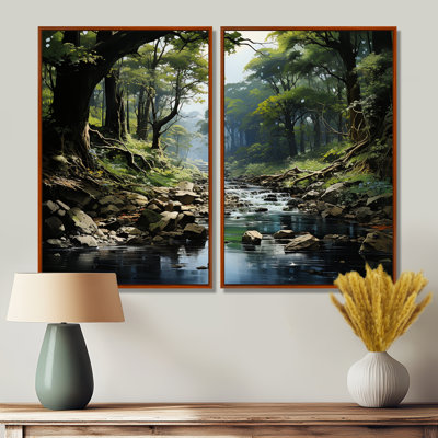 Gentle River Through Country Charm Forest - Large River Forest Wall Art Set Of 2