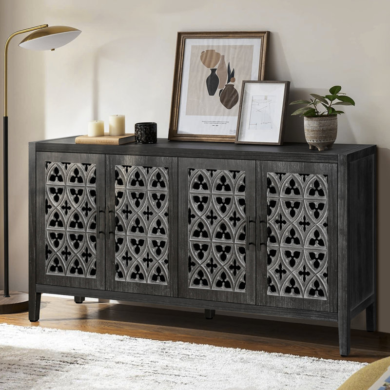 Armoire de table en bois avec rangement à 4 portes et motif floral symétrique, Noir antique