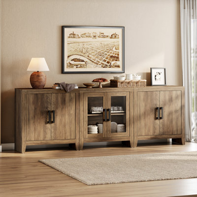 Buffet modulaire 3 pièces avec portes en verre et en bois Eaton, armoire de rangement de style maison de campagne avec tiroirs, console pour salle à manger, salon ou couloir, brun