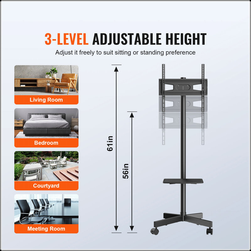 Meuble télé mobile avec support réglable en hauteur et plateau AV, pour téléviseurs de 23 à 60 pouces, portable et stable sur roulettes