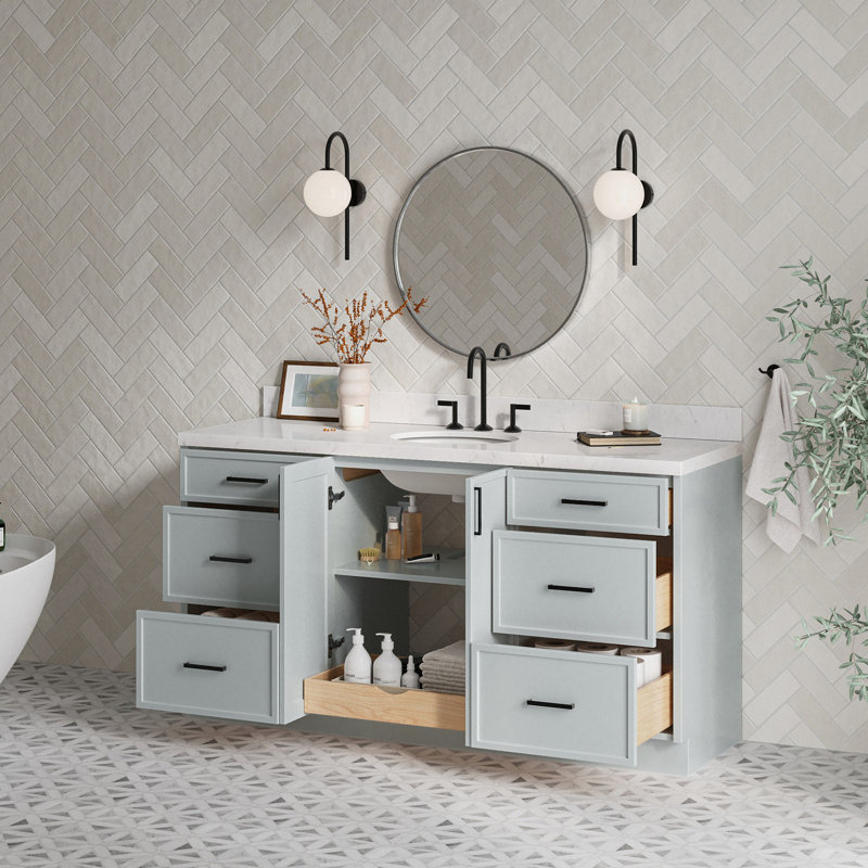 Ariel Kellie 66 Inch Single Oval Sink Bathroom Vanity With Carrara Quartz Countertop, Gray