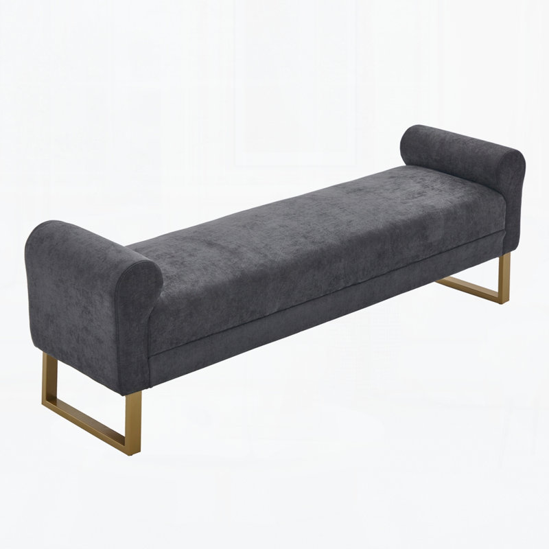 Banc avec repose-pieds en chenille avec accoudoirs et pieds en métal Chenille pour chambre à coucher, bout de lit, fenêtre de salon et vestibule