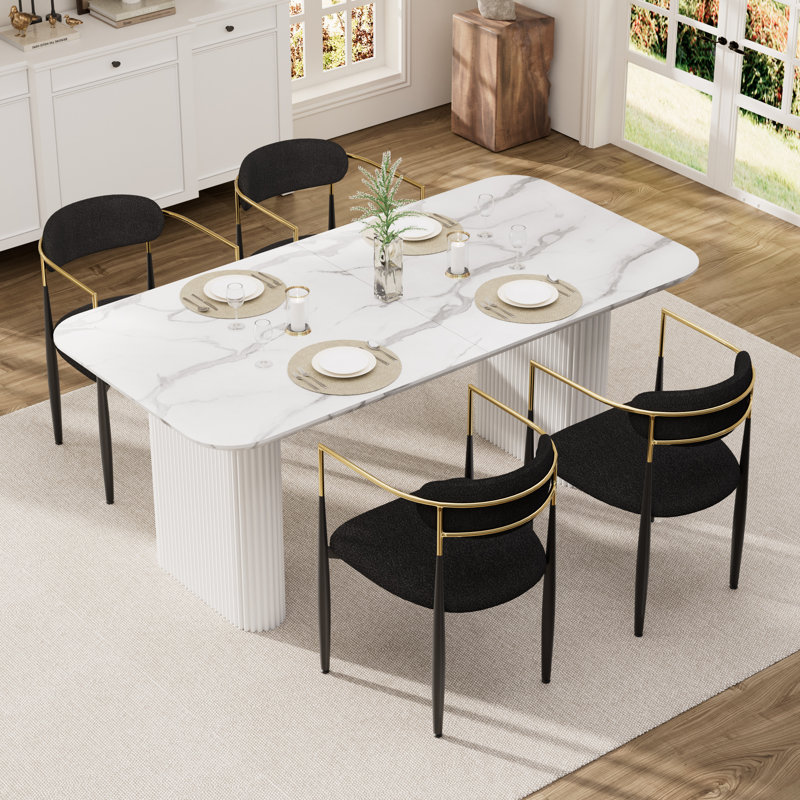 Ensemble de table de salle à manger Marble, Blanc, Noir, 5 pièces: table, 4 chaises
