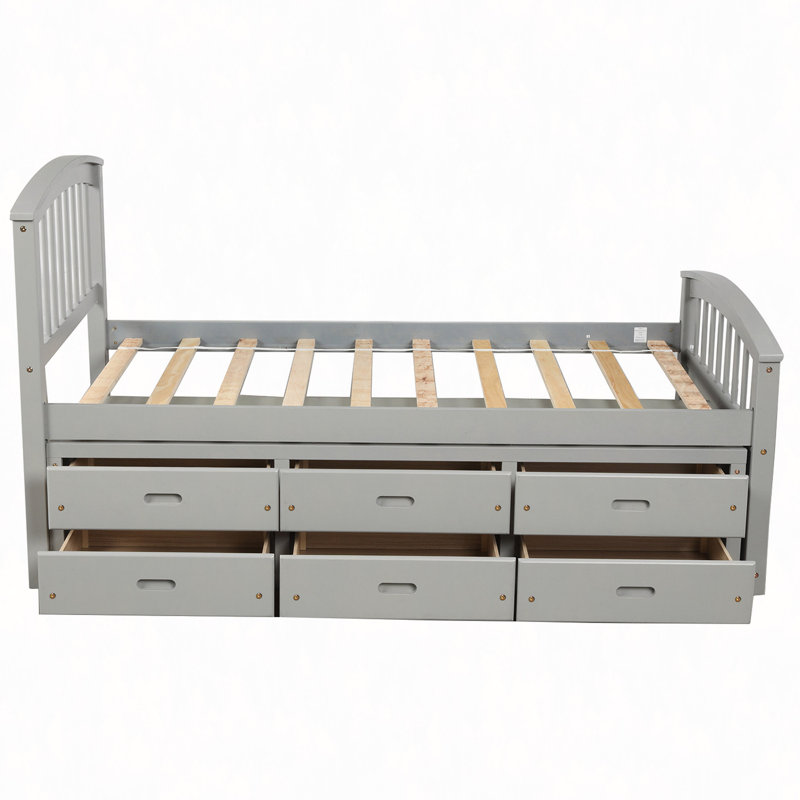 Orisfur. Lit plateforme avec rangement en bois massif et 6 tiroirs, Gris
