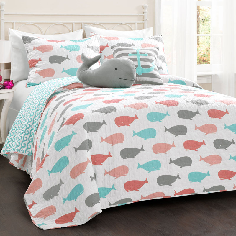 Whale Microfiber Reversible Modern & Contemporary Quilt Set, Full/Queen Quilt + 2 Shams + 2 Throw Pillows, Pink/Aqua