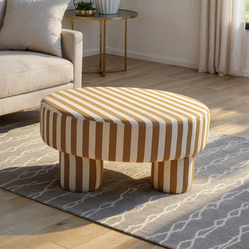 Round Fabric Upholstered Striped Table Ottoman