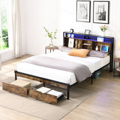 Queen-size Metal Bed Frame With Wooden Headboard/, Charging Point, 2 Drawer Chests, Led Lights, No Box Spring, Simple Assembly Operations Platform In Queen Size Headboard And , Charging, Drawers