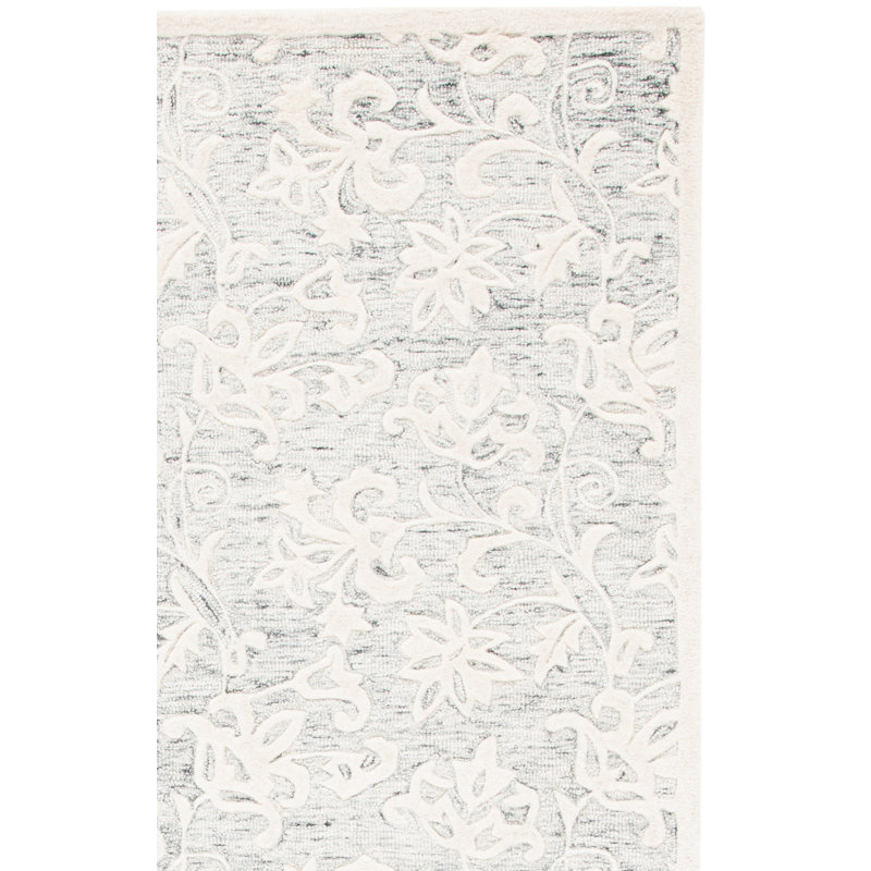 Abdouallah Floral Handmade Tufted Wool Area Rug in Grey / Ivory, Square 6'