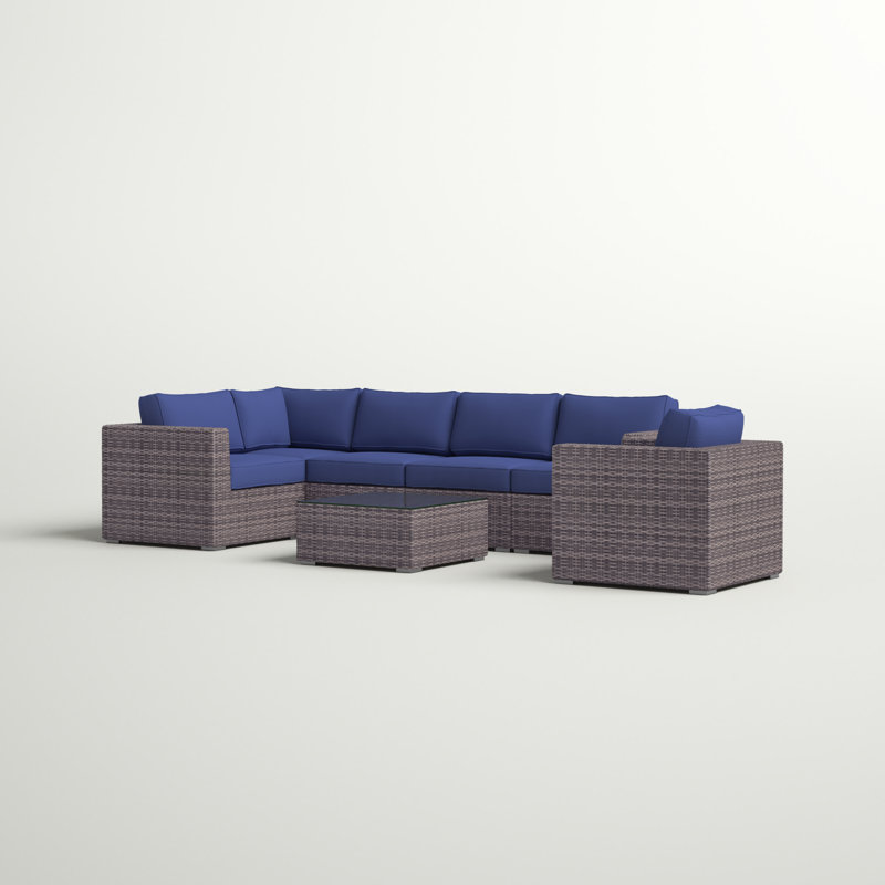 Clem Wicker Fully Assembled 5 - Person Seating Group with Sunbrella Cushions, Sunbrella Navy Blue, Brown