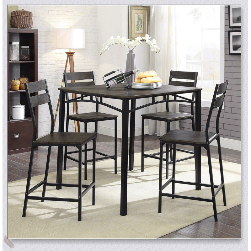 Ensemble de salle à manger de style industriel brun antique 5 pièces avec table à hauteur de comptoir et 4 chaises hautes, durable et élégant