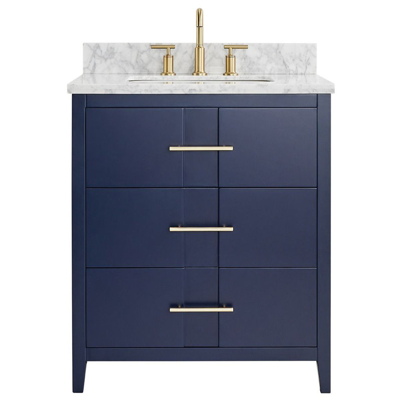 Ensemble de meuble-lavabo simple 30 po avec plateau en marbre de Carrare Marilena, Bleu marine
