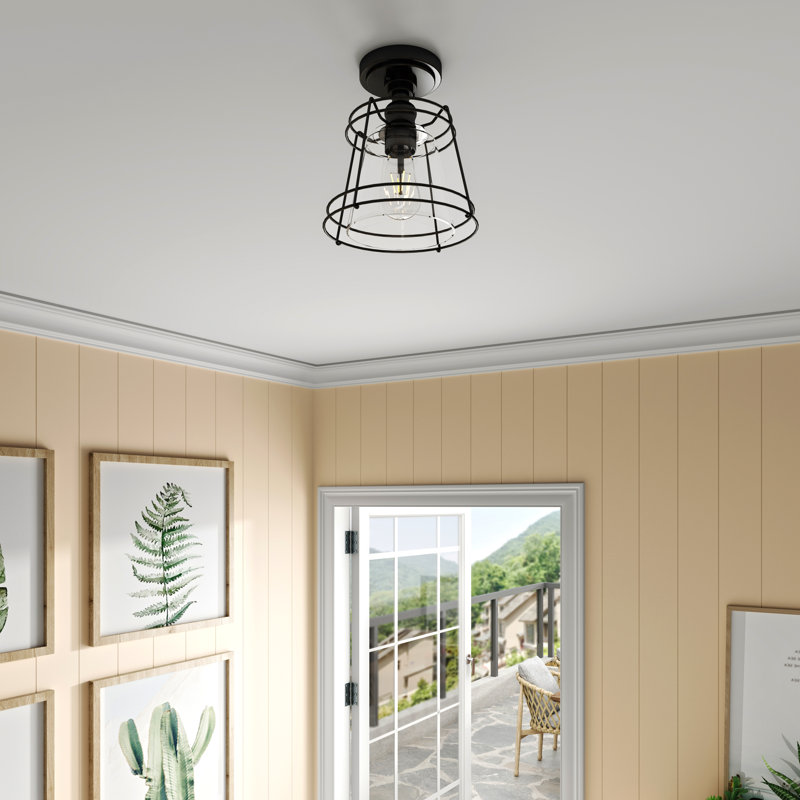 Mabelene 10 in. 1-Light Farmhouse Dimmable Semi-Flush Mount Ceiling Light in Matte Black with Clear Glass Shade