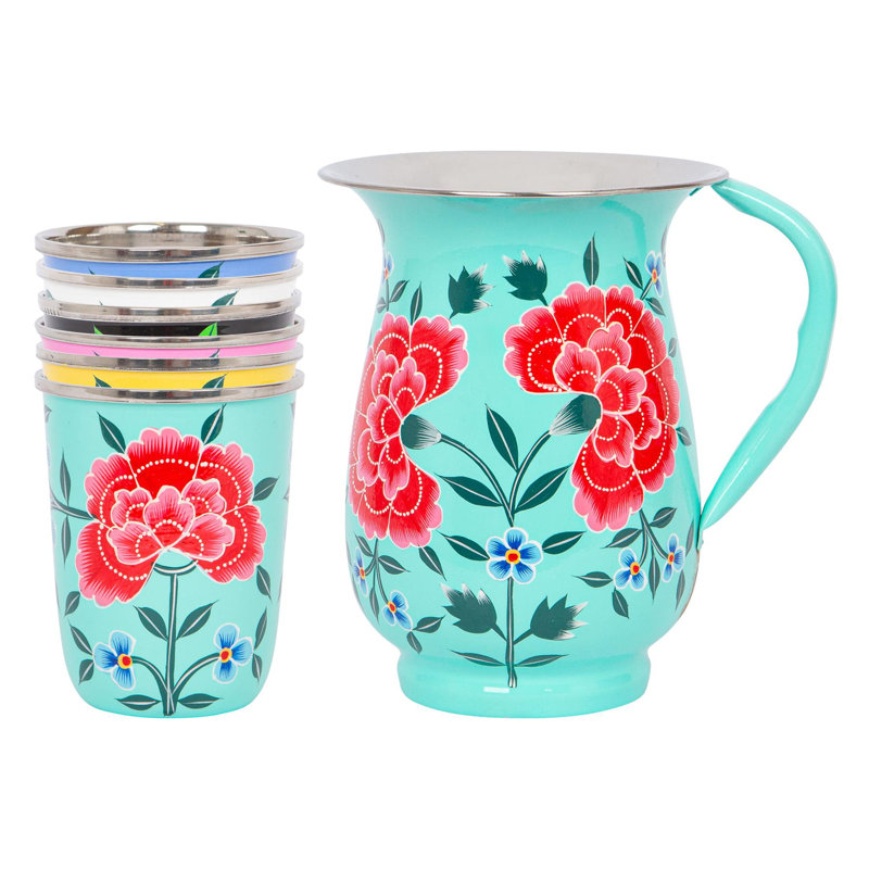 East Urban Home Hand-Painted Picnic Water Jug with 300ml Multicolour Cups - 1.7L - Mint Peony, Green