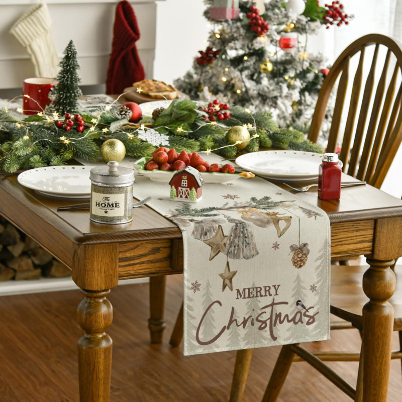 Trees Deer Bells Snowflake Christmas Table Runner