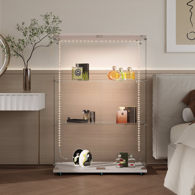 Vitrine en verre trempé avec bande lumineuse à DEL Bluetooth, vitrine blanche avec roulettes verrouillables, vitrine en verre pour objets de collection, figurines articulées, art, décoration intérieure