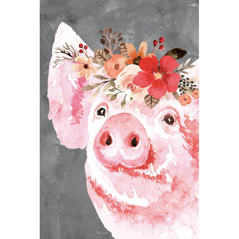 Cochon floral fantaisiste par Nicole DeCamp, H 30 po x l 20 po, Pas de tapis, Toile avec cadre flottant noir