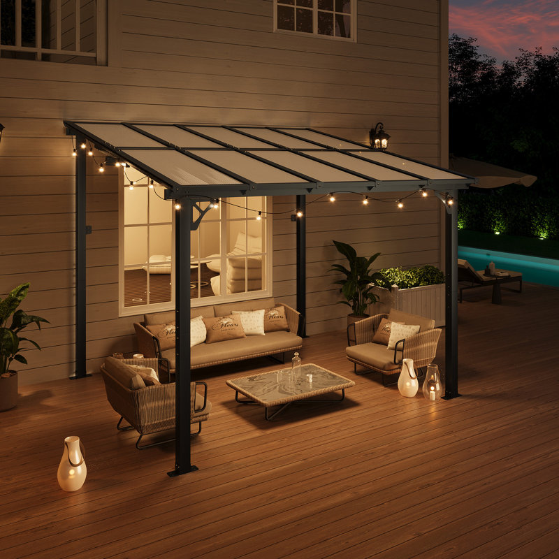 12 pi. L 10 pi. Pergola en métal avec auvent, H 90,55 po x l 94,49 po x P 72,44 po