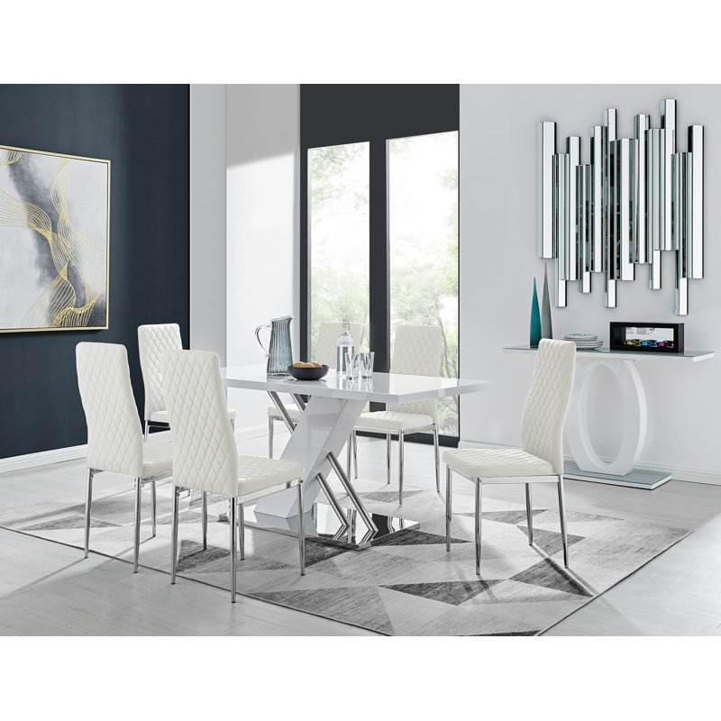 Eubanks Dining Set with 6 Chairs, White/Silver