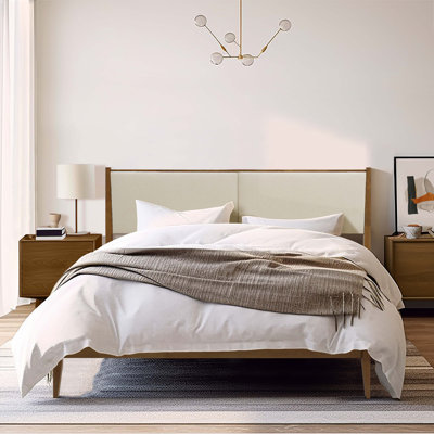 Modern Farmhouse Upholstered Platform Bed with Wood Frame and Beige Headboard, King Size