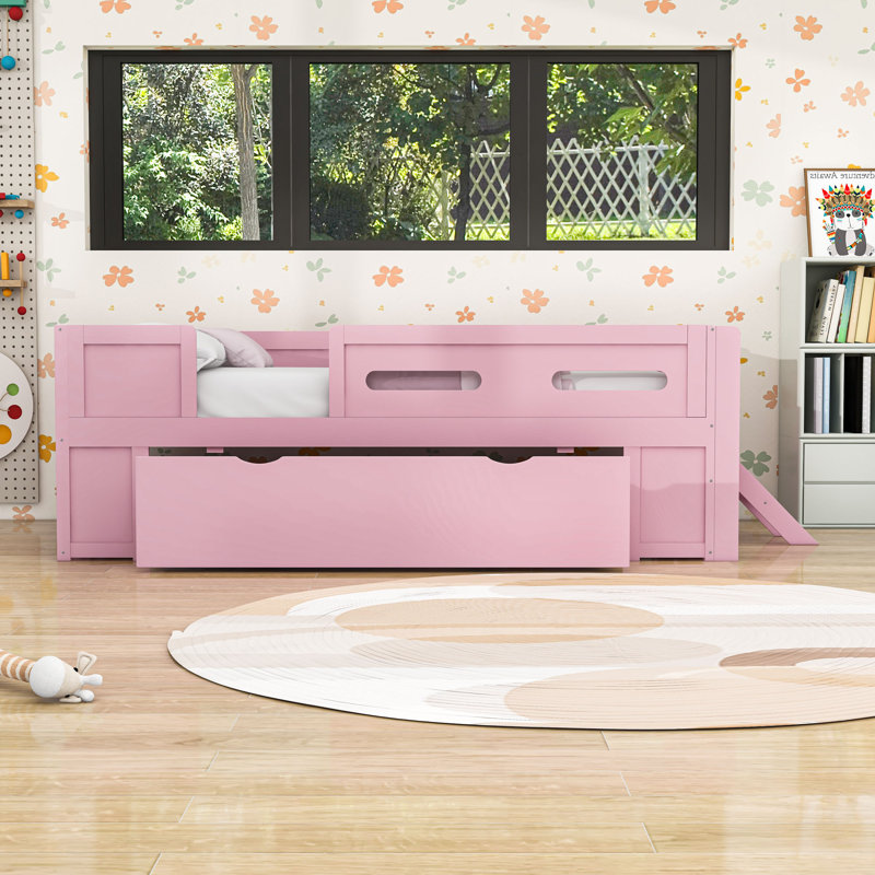 Lit plateforme avec garde-corps et tiroir de rangement, Lit simple, Rose