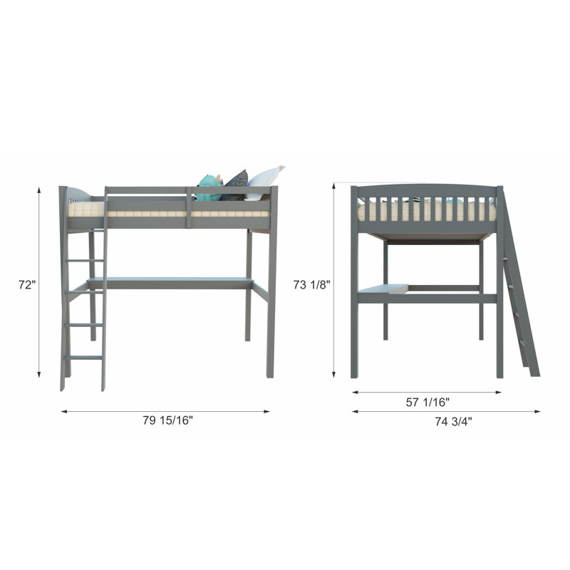 Daylin High Loft Bed with Desk and Storage, Solid Wood Loft Bed Frame with Stairs for Kids and Toddlers, Gray, Full