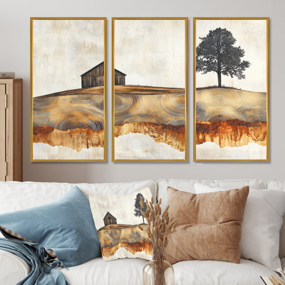 Winter Barn On A Wooden Slide Landscape - Barn Ensemble of 3 Wall Art