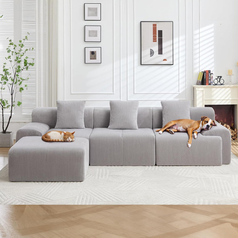 118" Modular L-Shaped Sectional Sofa, Boneless Corduroy Cloud Couch with Movable Ottoman, Deep Seat, Gray