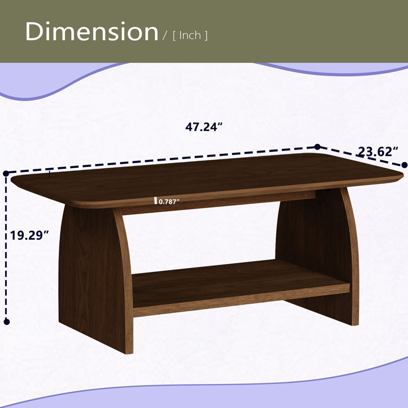 Table basse de salon moderne de 47 pouces, table basse rectangulaire à double couche avec fonction de rangement, conception de coin arrondi, matériau en bois aggloméré