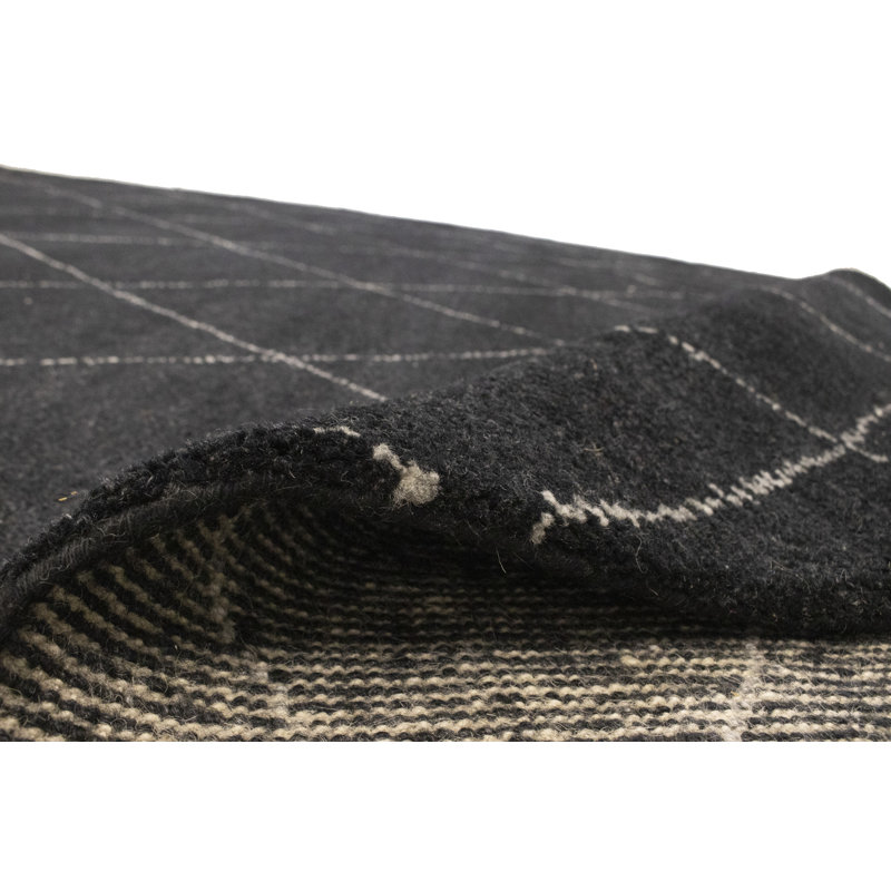 Tapis rectangulaire noir / blanc en laine noué à la main à motif géométrique