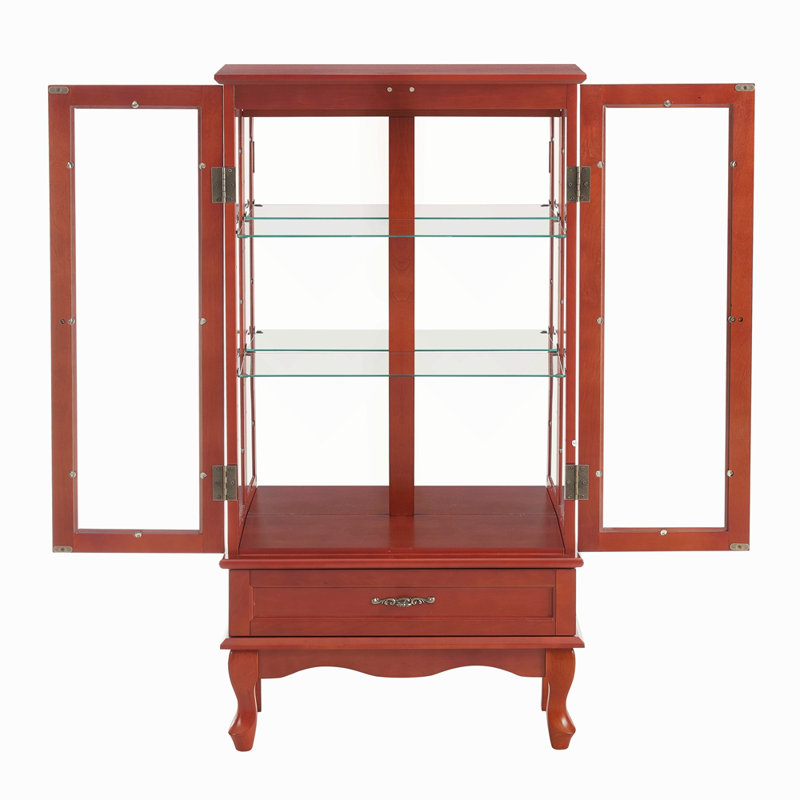 Lighted Glass Display Cabinet Glass Wine Cabinet Curio Display Cabinet With Adjustable Glass Shelves Two Doors And One Drawer Bulb Included For Home Decor And Storage