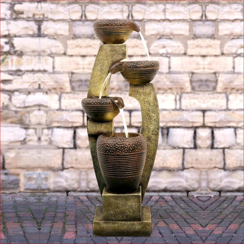 Fountains, Modern 40" 4-Tier LED Fountain, Tan Brown Slate Gray, for Patio Garden Indoor Outdoor | Tiered | Resin