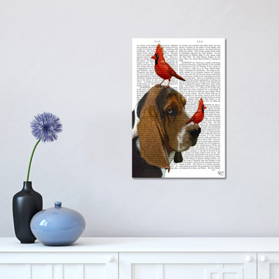 Basset Hound & Birds, Print BG 1 Piece Wrapped Canvas Painting