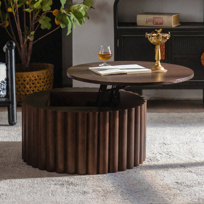 Handcrafted Relief Lift-Top Round Coffee Table - Sturdy Pedestal - Wood