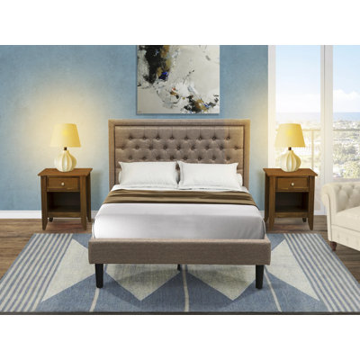3 Piece Bed Set - 1 Full Platform Bed Frame Dark Khaki Linen Fabric Padded and Button Tufted Headboard with 2 Bedroom Nightstand - Antique Walnut Finish Nightstand