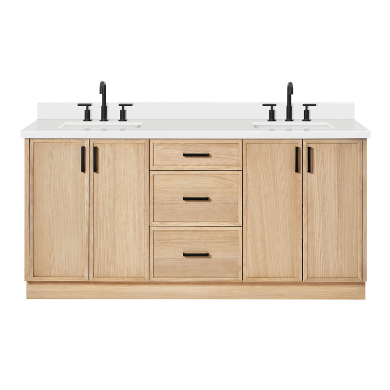 ARIEL Kelly 73 Double Sink Bathroom Vanity with Pure Quartz Top, Oak, Rectangular, Pure White Quartz